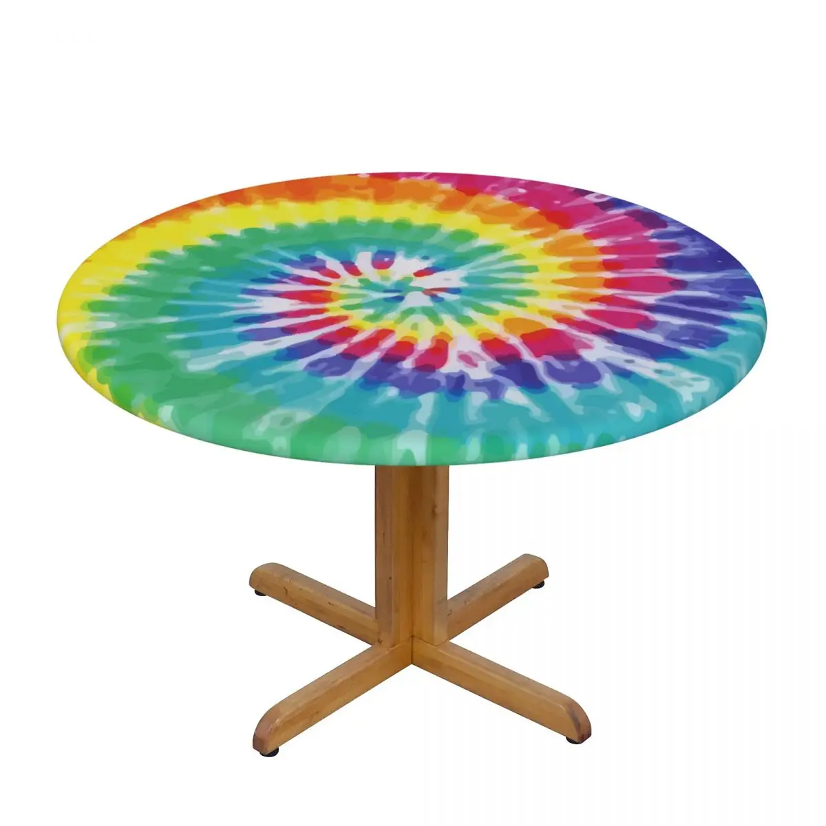 

Tie Dye Rainbow Print Waterproof Polyester Round Tablecloth Catering Fitted Table Cover with Elastic Edged