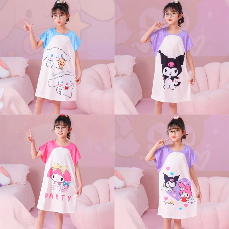 

New Sanrios My Melody Cinnamoroll Kuromi Summer Children's Pajamas Short Sleeve Thin Girls' Pajamas Dress Home Furnishing