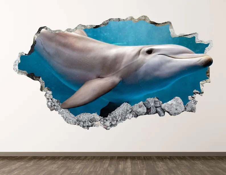 

Настенная Наклейка с изображением дельфина, разбитая стена 3d-наклейка для детей, виниловый домашний постер, персональный подарок KD873