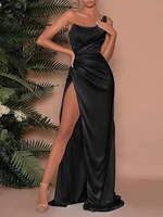 merdelan sexy high slit formal evening dress prom dresses strapless sleeveless court train satin gown