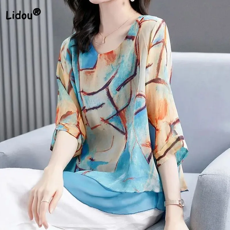 

Women's Clothing Summer Fashion Printing Chiffon Blouse 2023 Summer Loose Female Casual 3/4 Sleeve Patchwork Round Neck Shirt