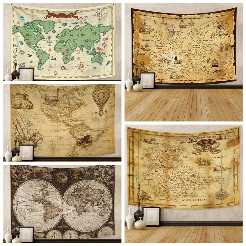 

High-Definition Retro World Map Pirate Tapestry Fabric Wall Hanging Polyester Study Room Table Cover Decoration Yoga Beach Towel