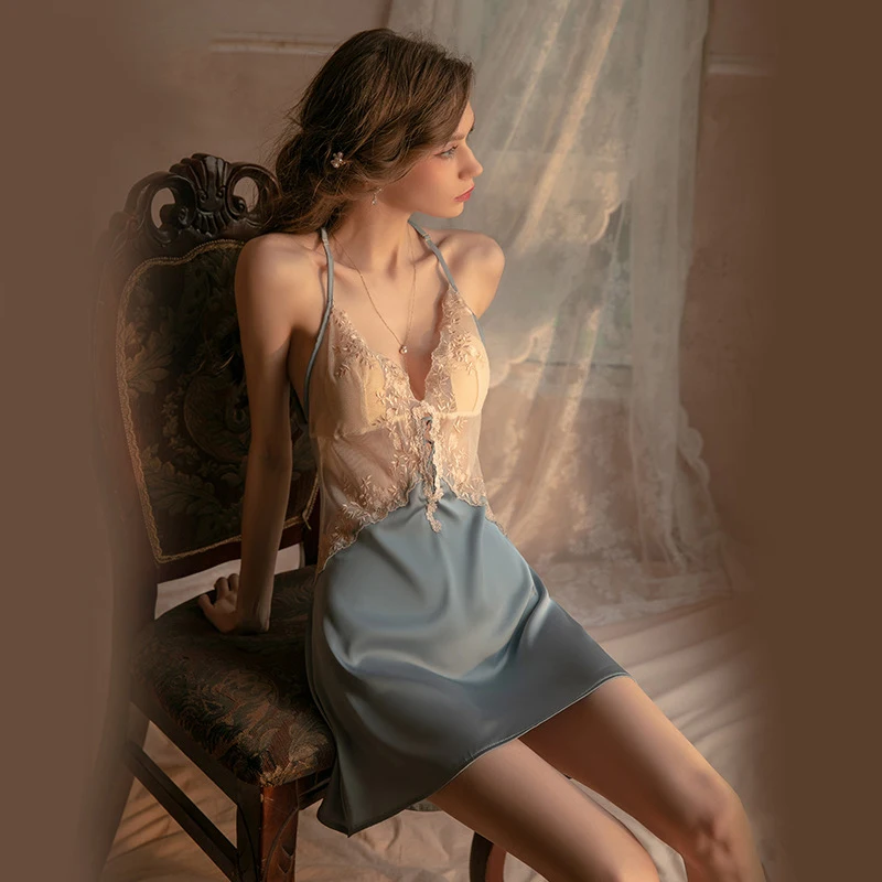 Sexy Deep V Lace Nightgowns Women Chest Pad  Back Sleeping Dress Femme Sleepwear Backless Silng Nightdress Female Homewear