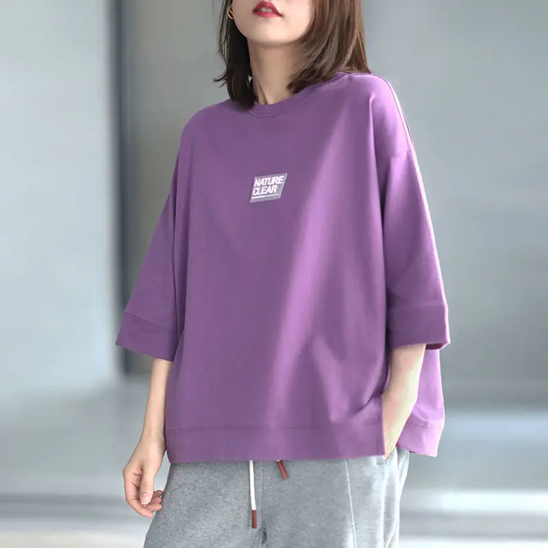 

New Arrival Summer Korean Style Women Loose Casual Three Quarter Sleeve O-neck T Shirt Letter Embroidery Patchwork T-shirt W452