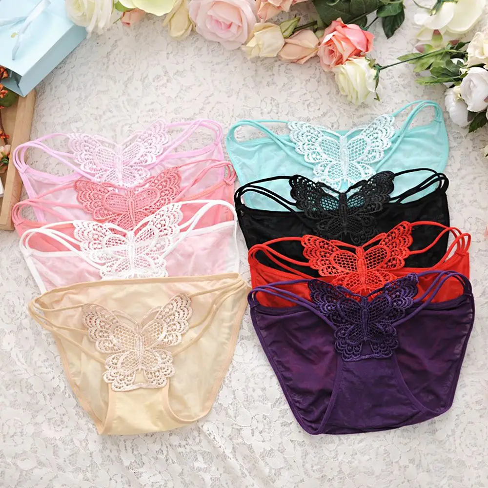 

Elastic Breathable Mesh Printing Thin Belt Cross Women Intimates Butterfly Embroidery Panties Hollow Lace Briefs