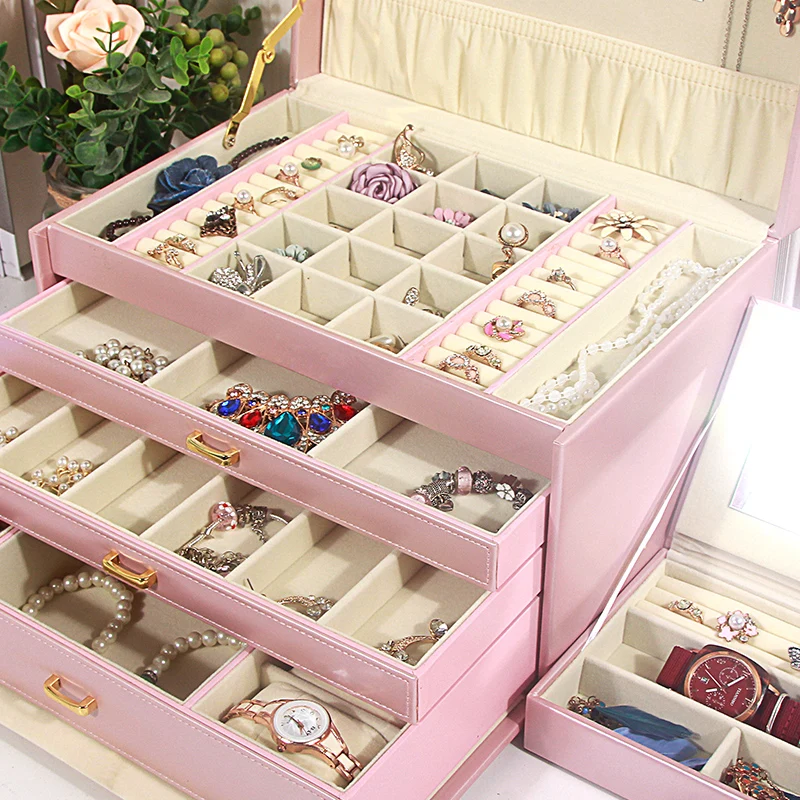 Large Multi Layer Jewelry Storage Box Organizer for Girl Case Pink Korean Jewelry Box Earrings Display Wooden Travel Gift Ideas
