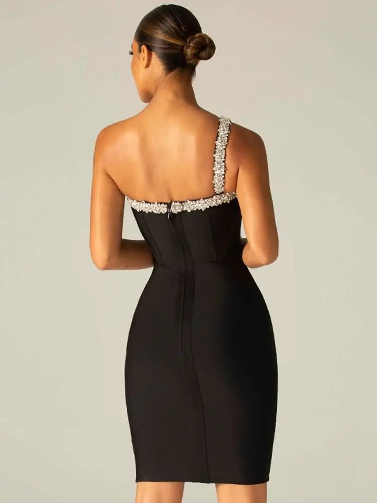 Ailigou High Quality Black One-Shoulder Shiny Diamond Beaded Rayon Bandage Dress Elegant Cocktail Party Dress Vestidos 2022 New images - 6