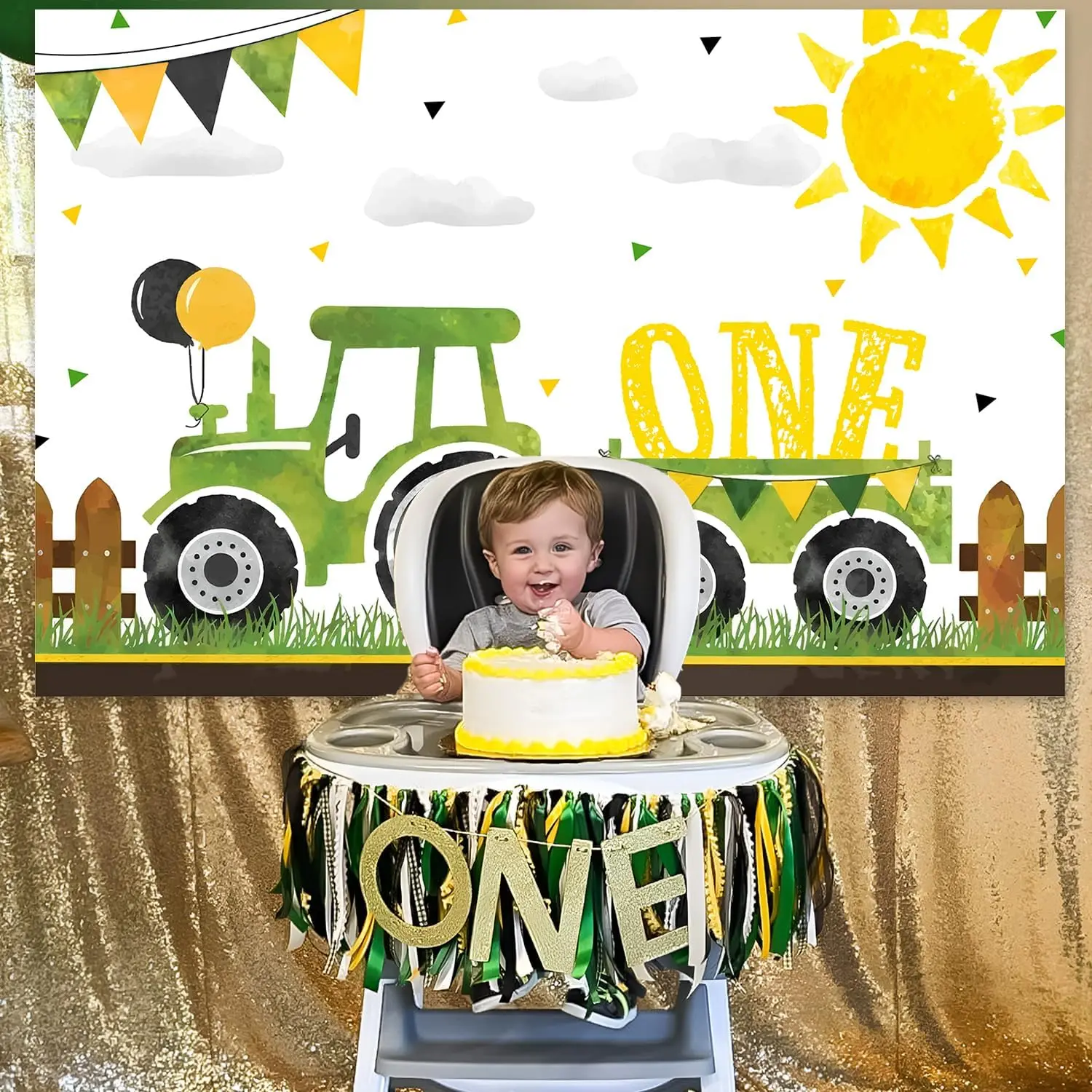 Фунмемуары ферма Зеленый Трактор 1-й День рождения баннер фотография Фон Ткань