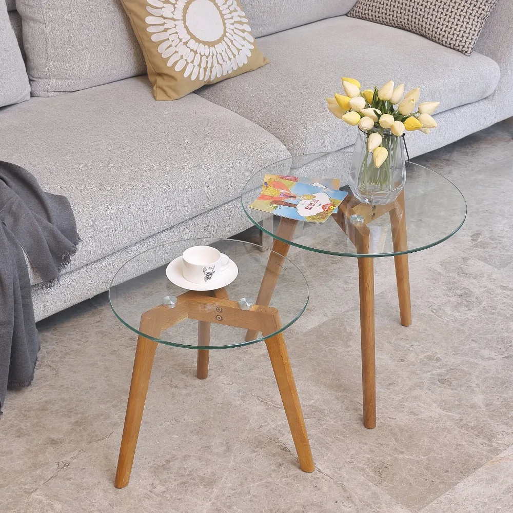 

Round Wood Tempered Glass Nesting Coffee Table Set of 2 Living Room Furniture Side Table Solid Wood Leg Stability Fashion