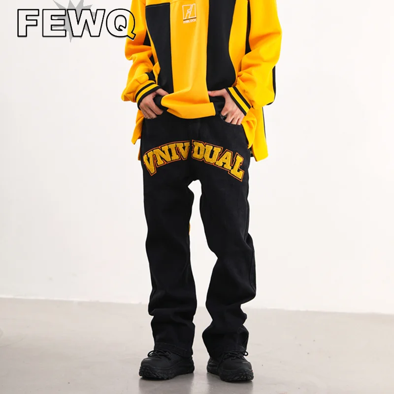 

FEWQ 2023 Summer Stylish New Men's Y2k Embrodeiry Jeans Stitching Color Male Straight Denim Trousers Casual Pant Vintage 24B2365
