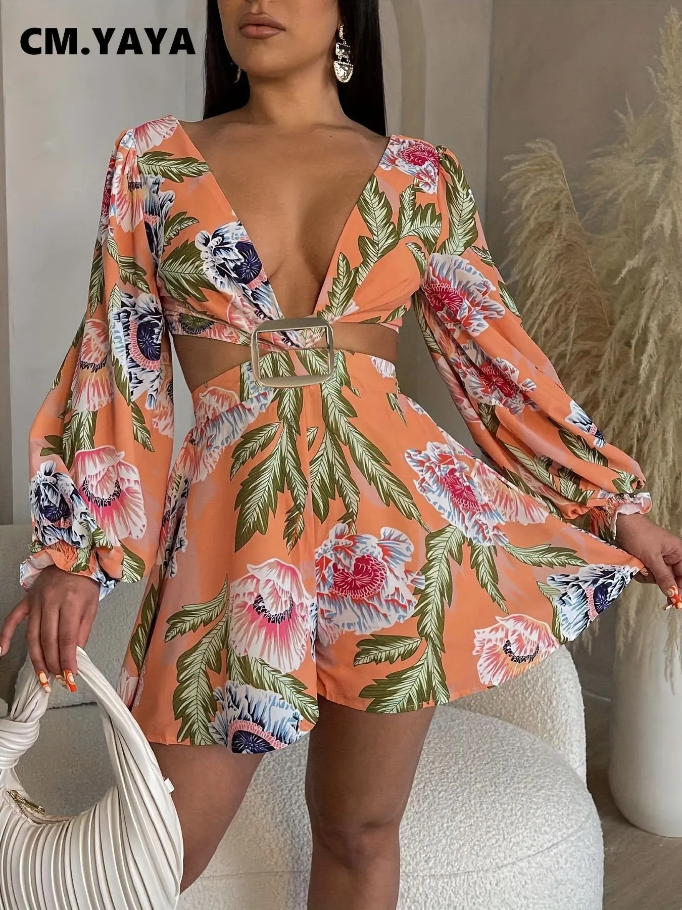 

Женский комбинезон с цветочным принтом, V-образным вырезом, мешковатым рукавом и вырезом на талии, Короткое мини-платье, летнее шикарное Клубное цельное платье, Комбинезоны