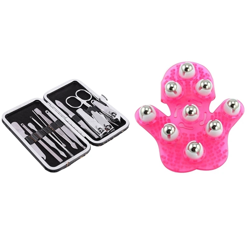 

1 Set 12 In 1 Nail Clipper Set Pedicure Manicure Tools Set & 1 Pcs Palm Shaped Massage Glove Body Massager
