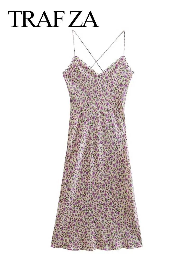 

TRAF ZA V-neck Retro Elegant Temperament Floral Suspender Long Skirt High Slit Back Cross Straps Waist Comfortable Women's Dress