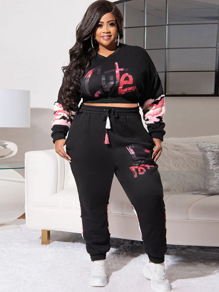 

Женский тренировочный костюм ZJFZML, повседневная камуфляжная Толстовка с длинным рукавом и буквенным принтом и брюки на завязках