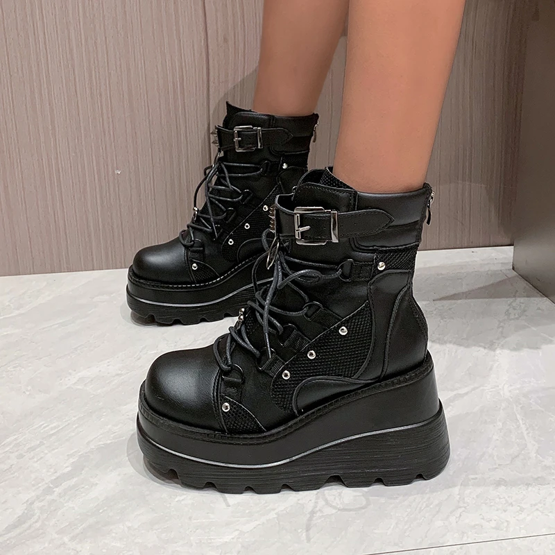 Platform Boots for Women Wedges Knee High Black Lace Up Fashion Goth Gothic Boots Punk Shoes Girls Winter 2023