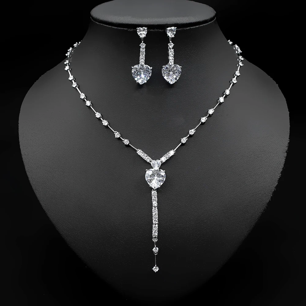 

HIBRIDE Elegant Heart Drop Pendant Necklace Earrings CZ 2PCS Bridal Jewelry Set Women Wedding Dress Party Accessories N-1264