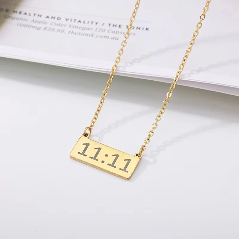 Lucky Angel Number 11:11 Necklace For Women Stainless Steel Gold Color 1111 Rectangle Pendant Birthday Jewelry Gift