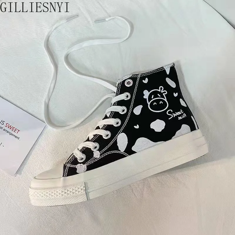 

Classic Canvas Shoes Women's Sports Shoes Lace Up Cute Dairy Cow High-top Flat Shoes Student Sneakers 2022 NEW