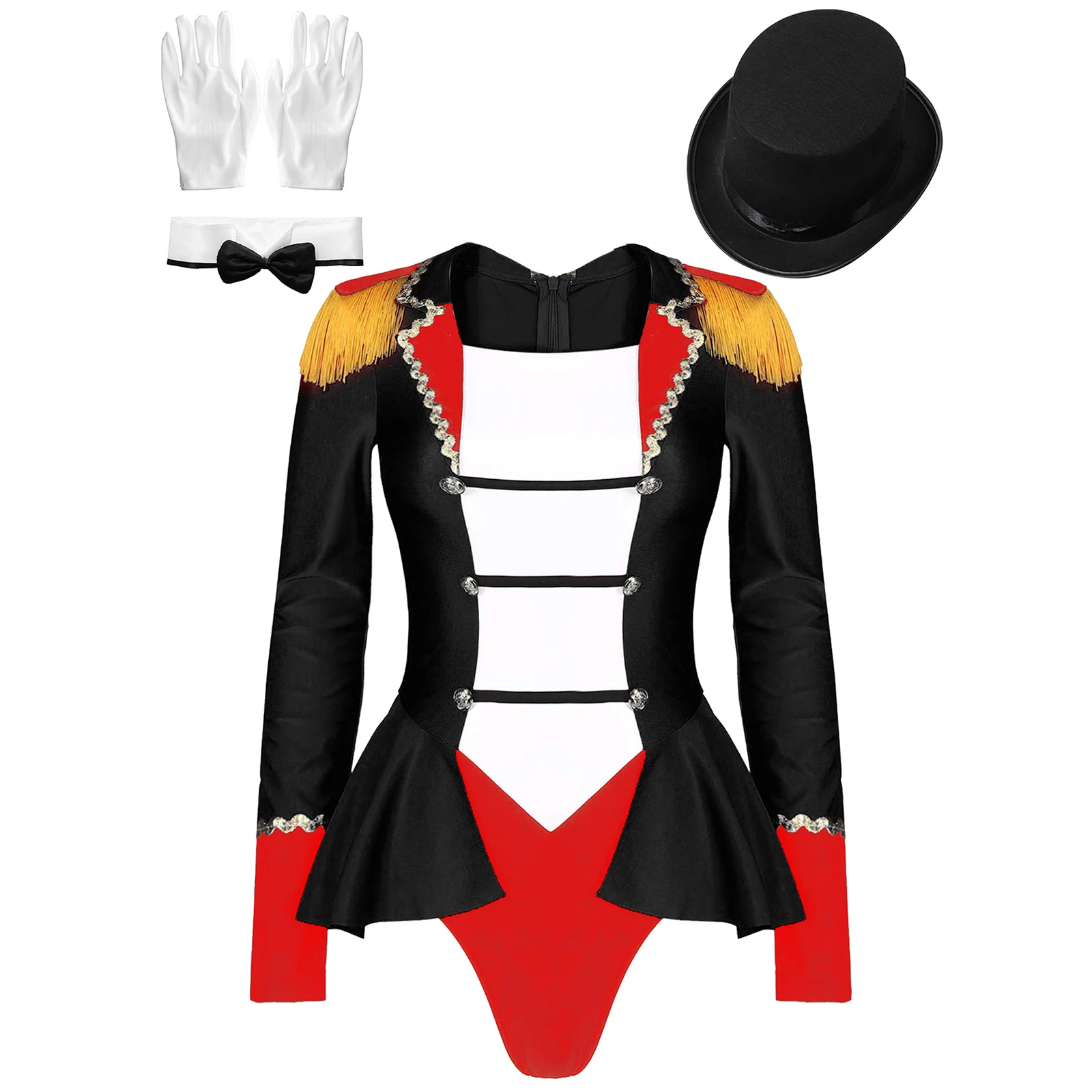 

Halloween Women Circus Ringmaster Cosplay Costume Set Long Sleeve Bodysuit with Hat Bow Collar Gloves Stage Performance Jumpsuit