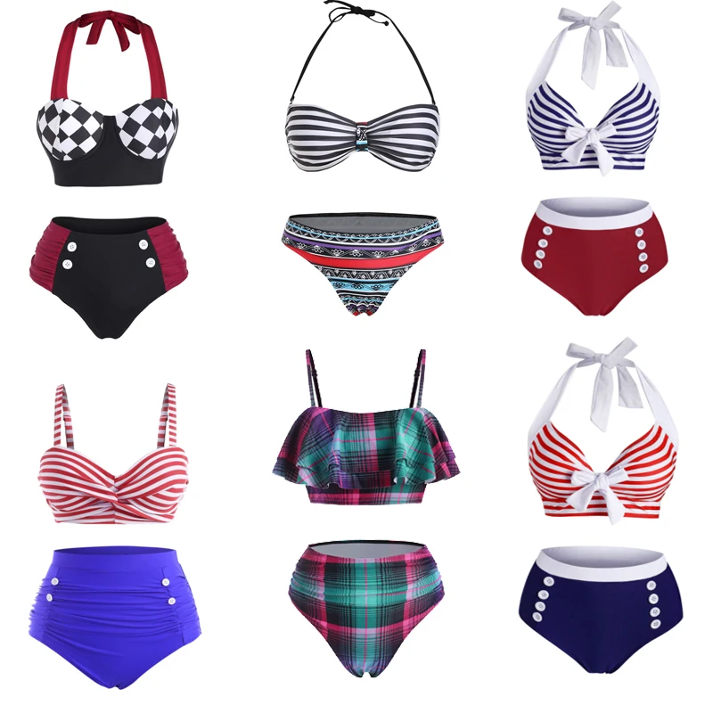 

2021 Stripe Patchwork Women Beachwear Halter Button Embellished Tied Tankini Swimwear Casual Female Bathing Suits S~2XL Red/Navy
