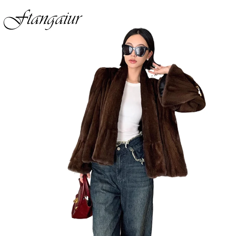 

Зимнее пальто Ftangaiur для женщин, импортное бархатное меховое пальто из норки, женские короткие пальто кофейного цвета с длинным рукавом и V-образным вырезом из натурального меха норки