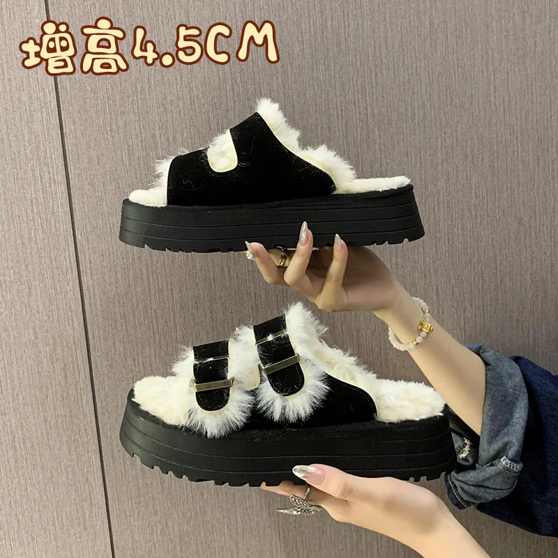 

Женские зимние меховые шлепанцы, теплые ботинки, шлепанцы на платформе, новинка, замшевые сапоги без задника на плоской подошве с коротким плюшем, домашняя обувь из хлопка, женские сапоги