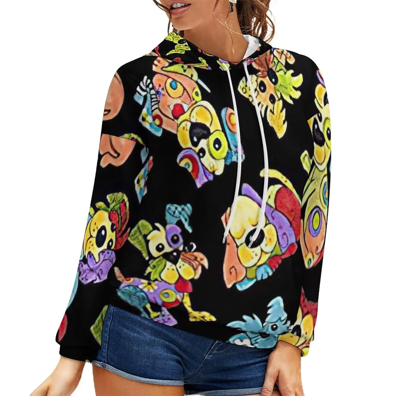 

Весенне-осенняя толстовка с открытыми плечами и цифровым принтом в европейском и американском стиле с изображением маленьких животных кош...