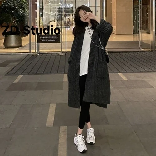 

[ZD Studio] Women Cardigan Solid Color Loose Casual Knitted Sweater Mid Length Coat Female Clothing 2023 Autumn Winter