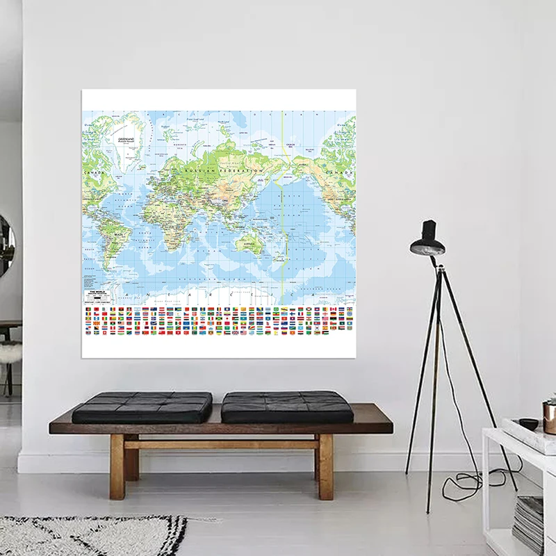 

90*90cm The World Topography Map with National Flag Non-woven Canvas Painting Wall Art Poster Home Decoration Study Supplies