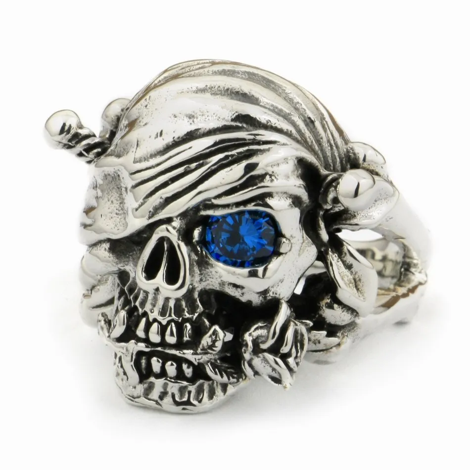Синий CZ Stone 925 пробы Серебряная роза пиратское кольцо с черепом Biker Rock Punk Style 9W101 US