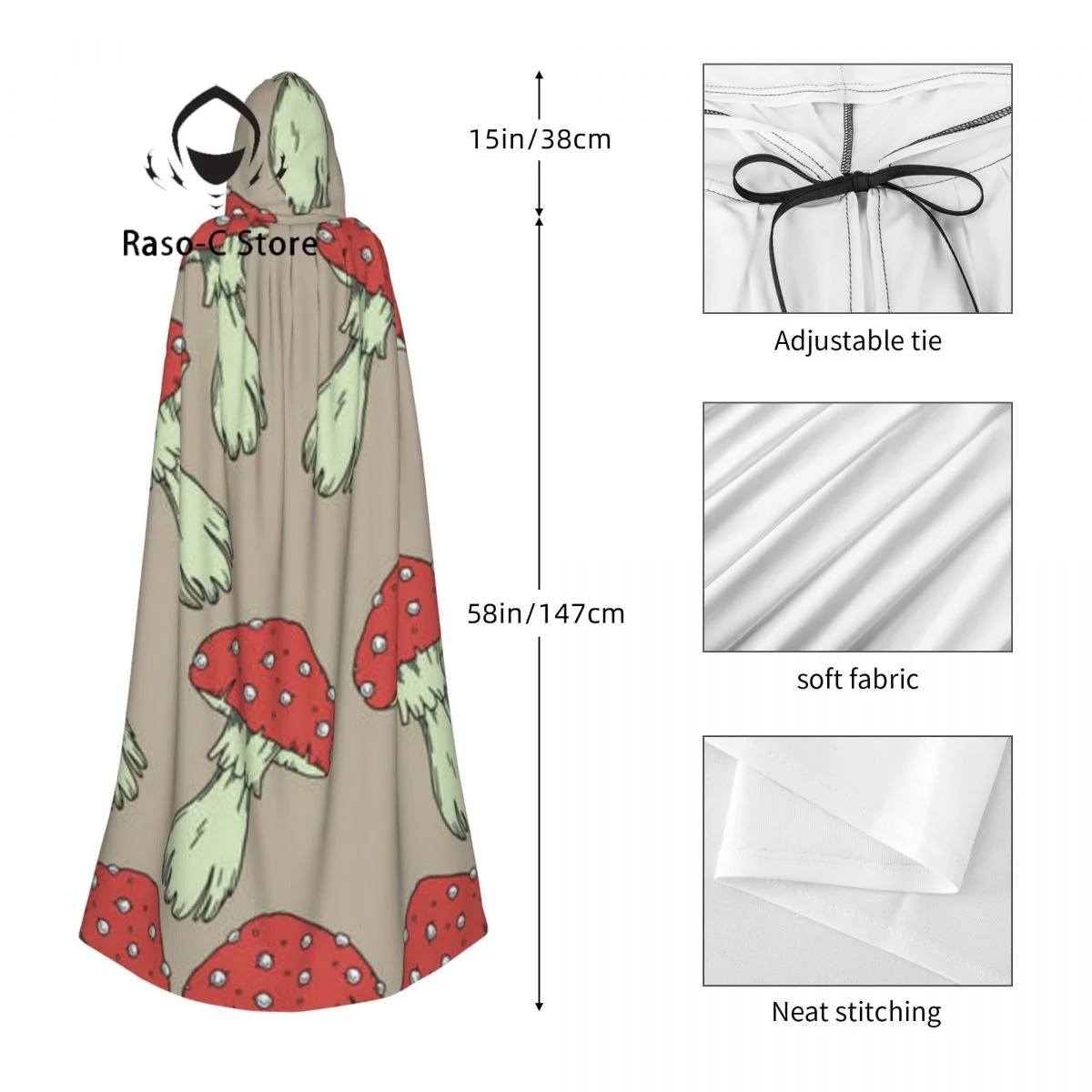 Длинная накидка плащ с капюшоном и агарическим рисунком грибов пальто осенние