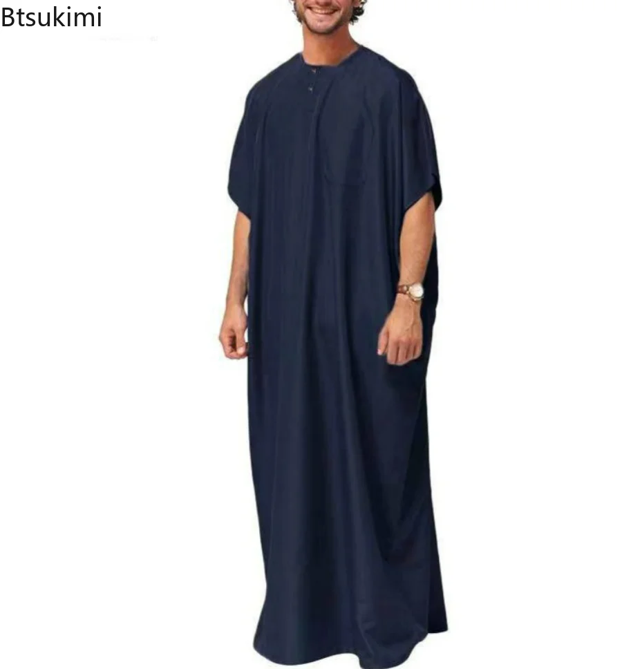 Plus Size 4XL 5XL Men's Muslim Abayas Jubba Thobe Solid Short Sleeve Loose Robes Middle East Arab Islamic Kaftan Muslim Clothing