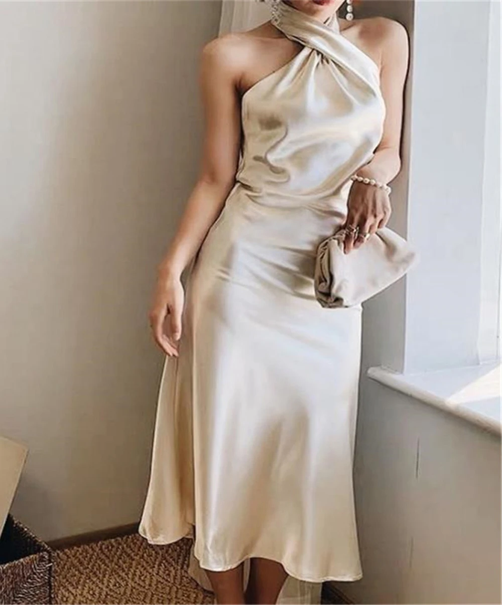 

Sexy Halter Modern Tea Length Open Back Satin Fold Evening Dresses ivory white Prom Dresses