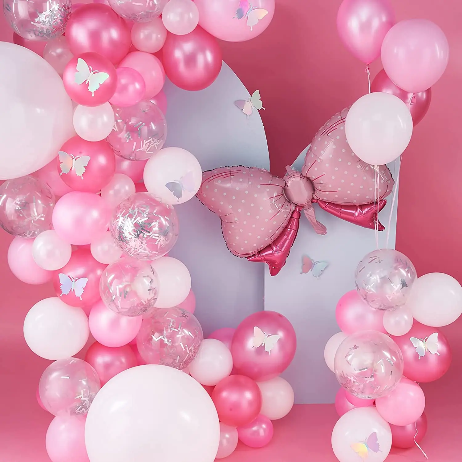 107PCS Pastel Pink Balloons Silver Confetti White Balloons Bow Tie Foil Balloon Butterfly for Girl Baby Shower Birthday Wedding