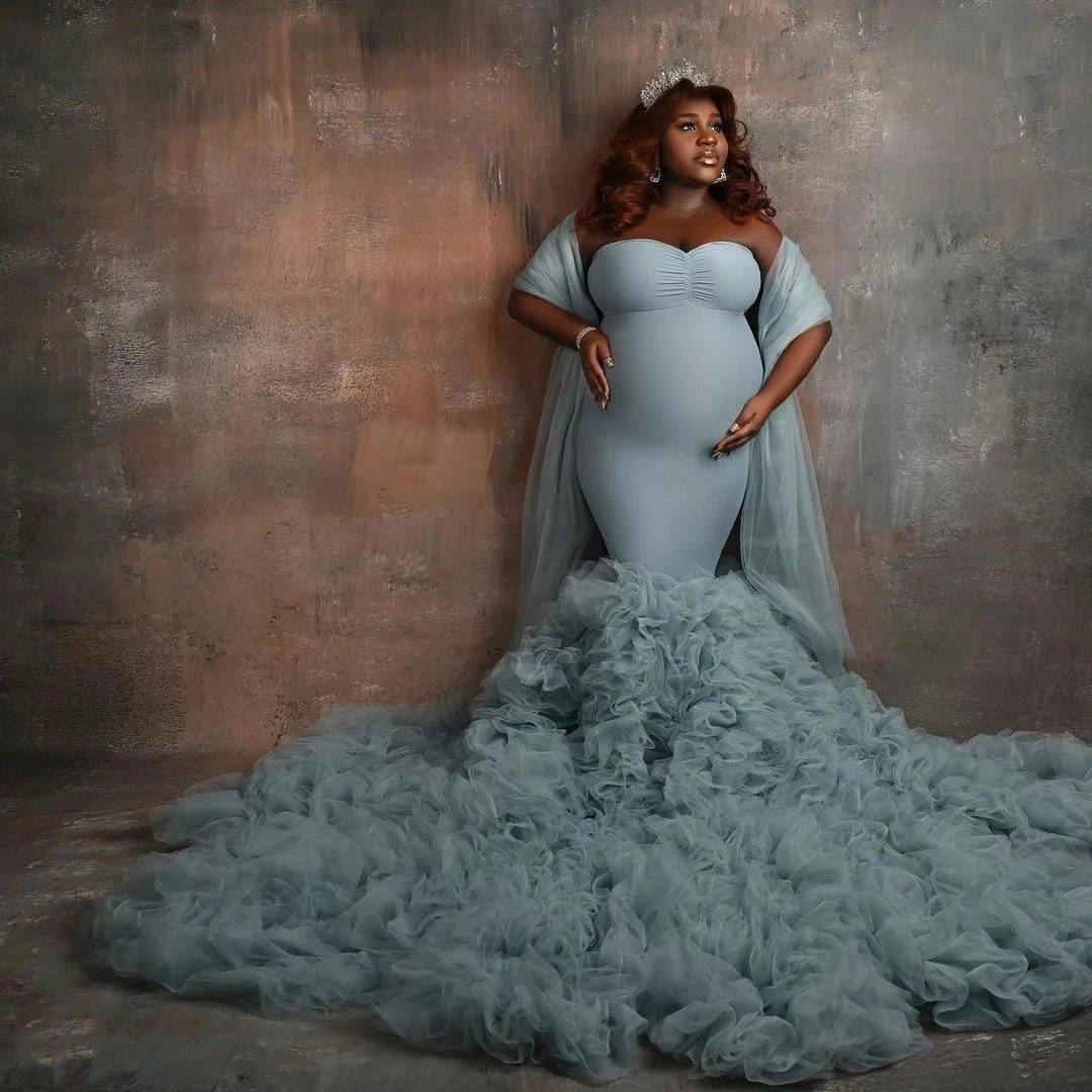

Blue Mermaid Sweetheart Pregnant Women Photo Shoot Robes Ruffles Tulle Maternity Robe Women Dress Baby Shower Gowns Photography