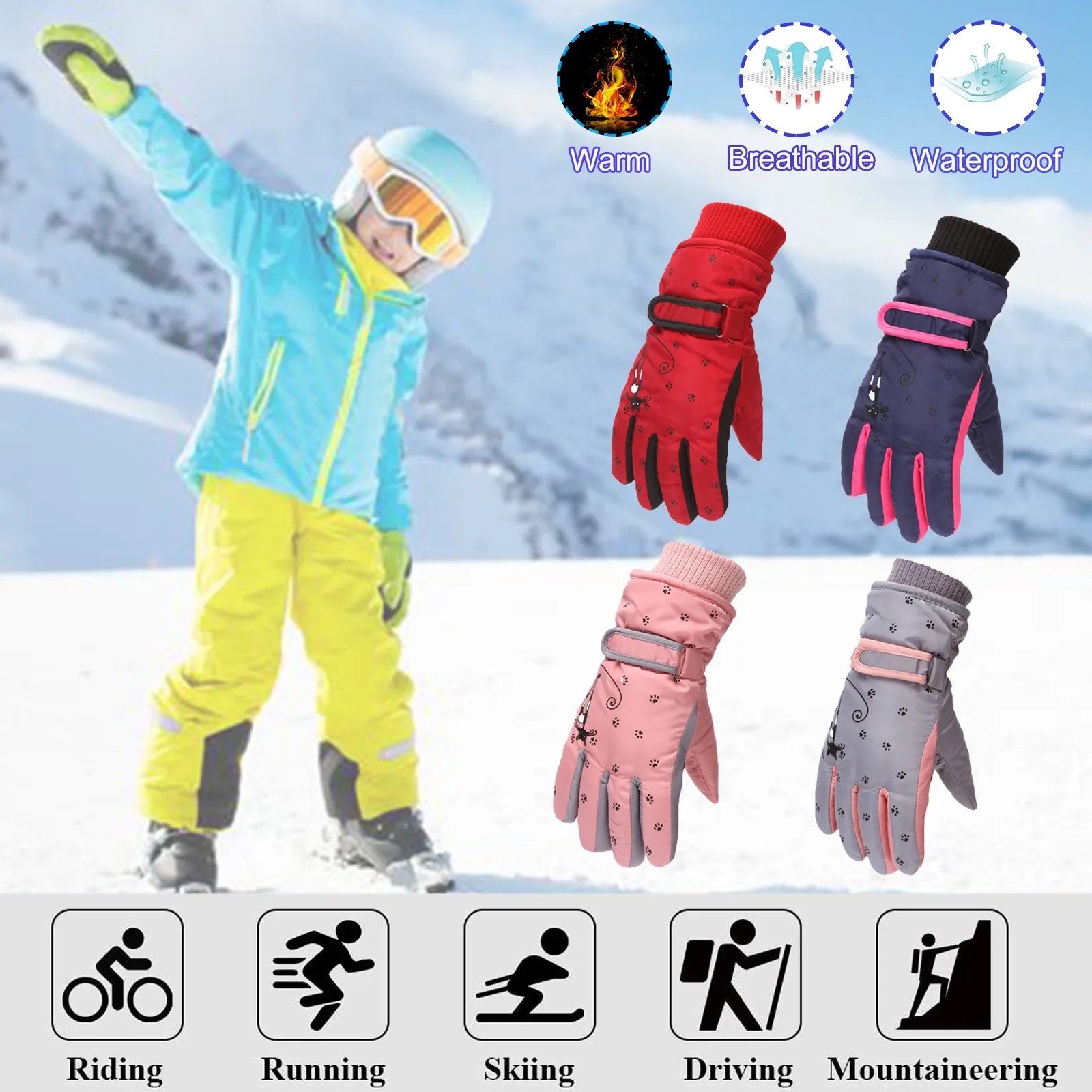

Зимние, уличные, для мальчиков и девочек, для катания на снегу, сноуборде, ветрозащитные, теплые перчатки, идеально подходят для детей от 6 до 12 лет