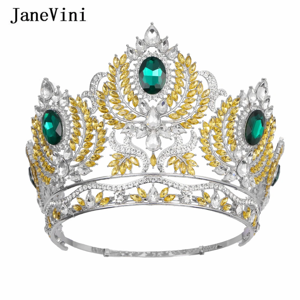 

JaneVini Vintage Baroque Big Bridal Crowns Tiaras Rhinestone Crystal Round Diadem Pageant Luxury Wedding European Hair Ornaments