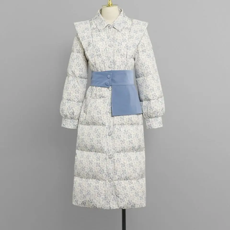 Women's Long Lace-up Down Jacket Puffer White Coat Female Flower Print Casual Down Jacket Sweet