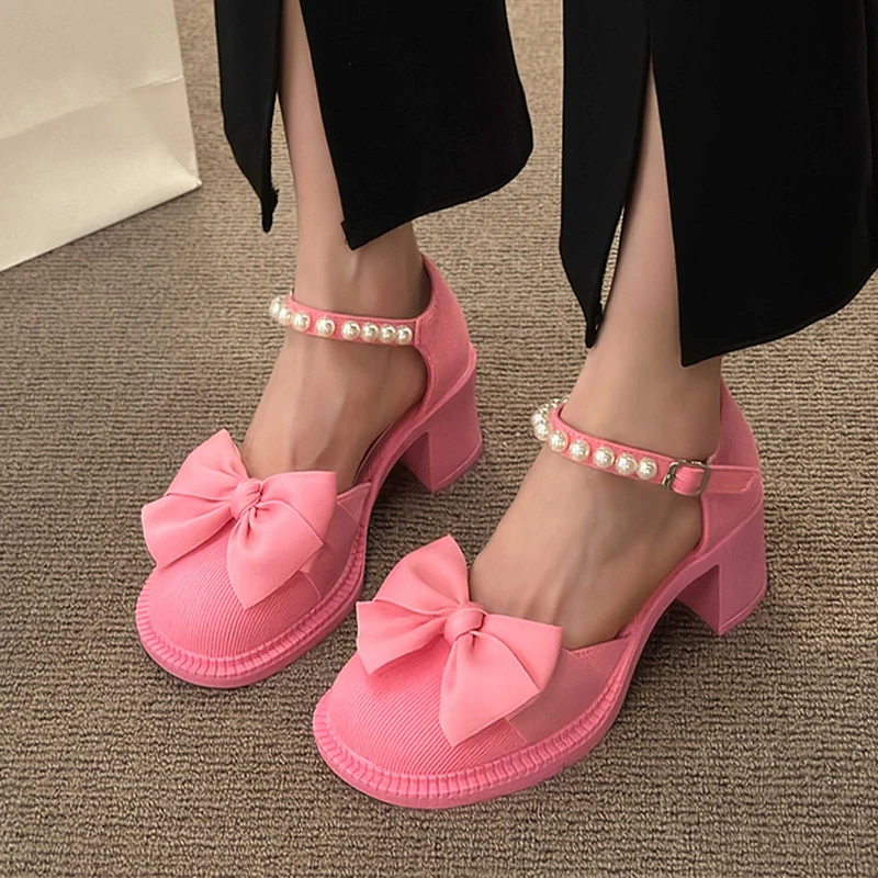 

Женские босоножки на массивном каблуке, туфли-лодочки с бантом и бусинами, Ретро стиль, пикантные туфли-лодочки на платформе, лето 2023