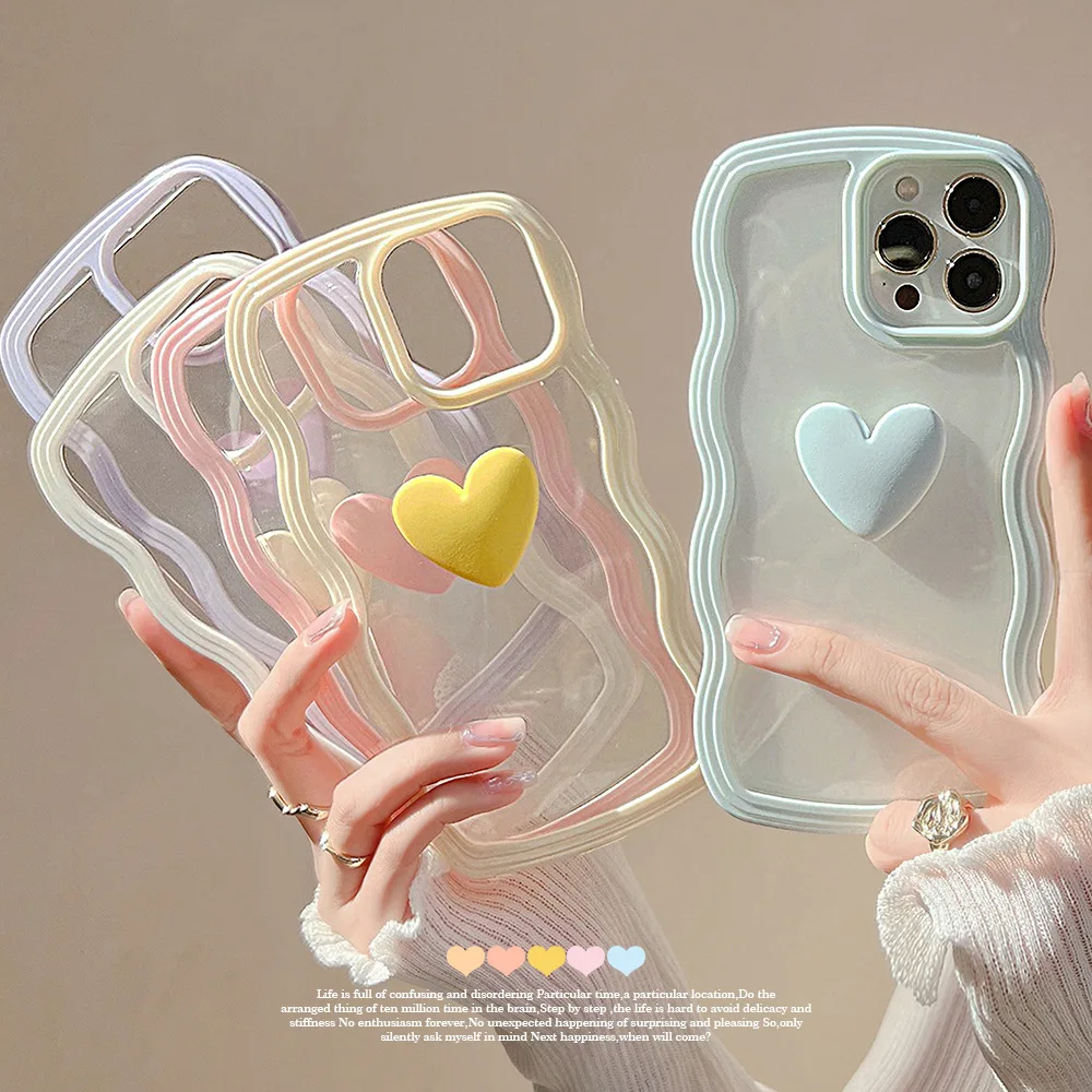 

INS 3D Love Heart Curly Wavy Phone Case For iPhone 13 12 11 Pro Max XS XR X Cute Candy Shockproof Bumper Transparent Back Cover