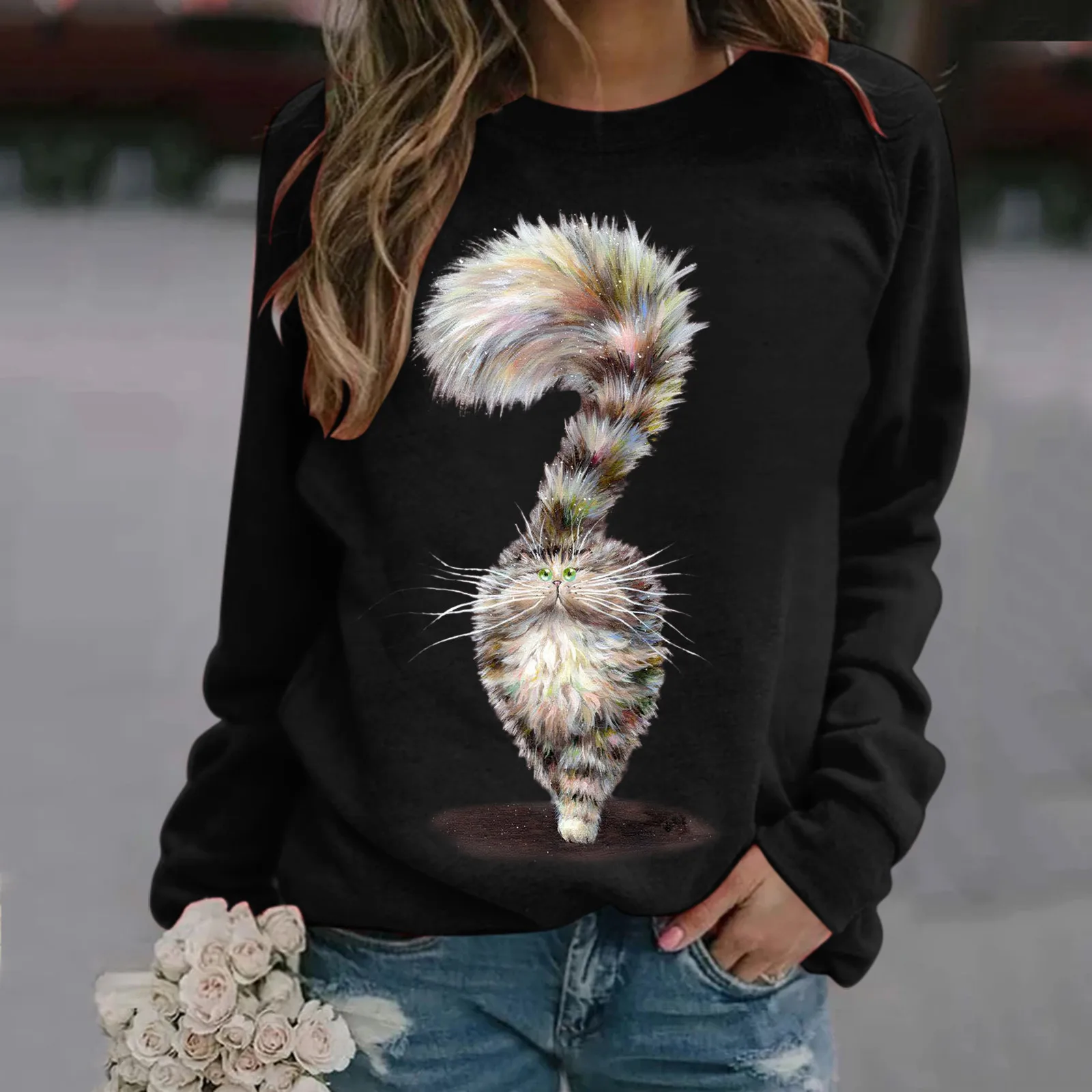 

Rainbow Cat Print Aesthetic Sweatshirt Women Autumn Spring Long Sleeve Crewneck Pullover Casual Loose Female Top Blouse Sudadera