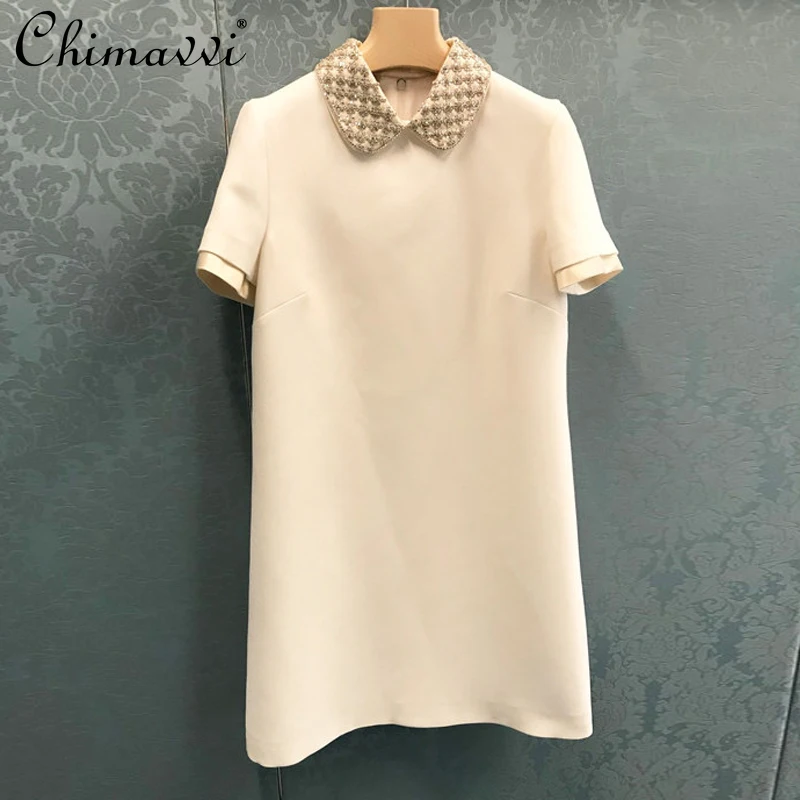 

Luxury Socialite High-End Heavy Beads Diamond A- Line Dress 2022 Summer Clothes New Fashion Loose Short Sleeve Dress for Women