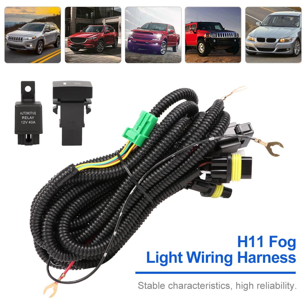 

H11 Fog Light Wiring Harness Sockets Wire LED indicators Switch 12V 40A Relay