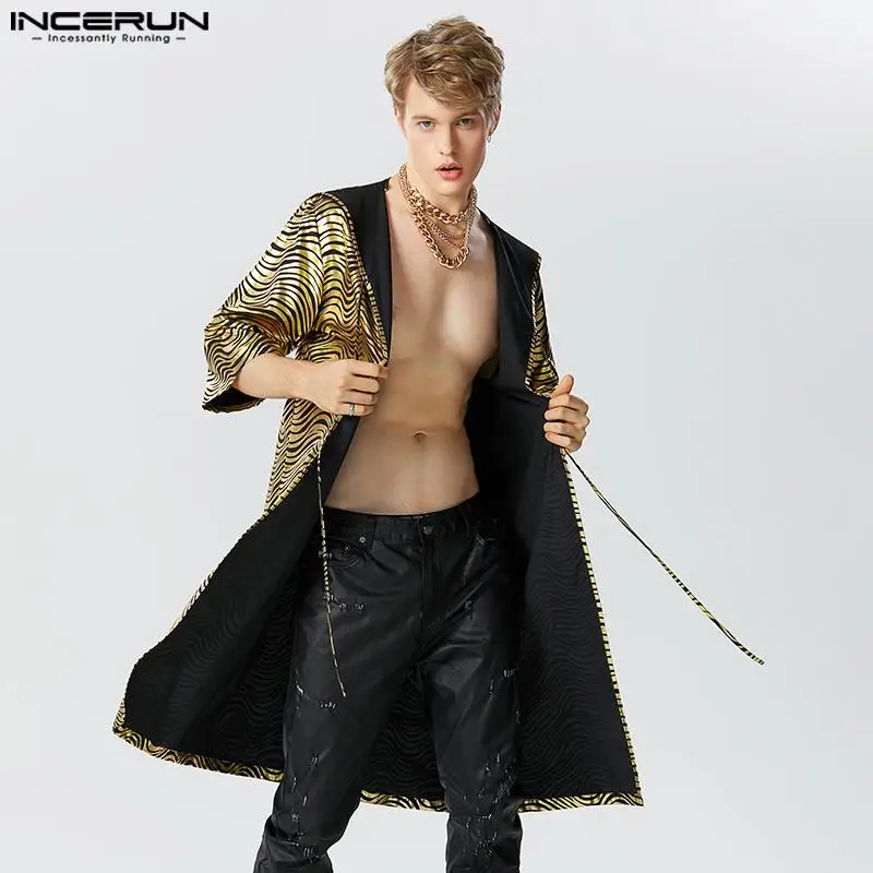 

Сексуальные стильные топы INCERUN, красивые мужские модные рубашки с рисунком в ряби, повседневный Свободный кардиган с длинными рукавами, блузка