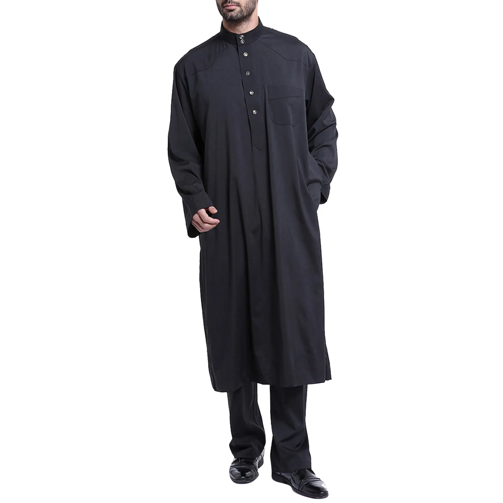 Men's Casual Muslim Arab Middle Solid Color Collar Long Sleeved Robe Solid Shirts Lapel