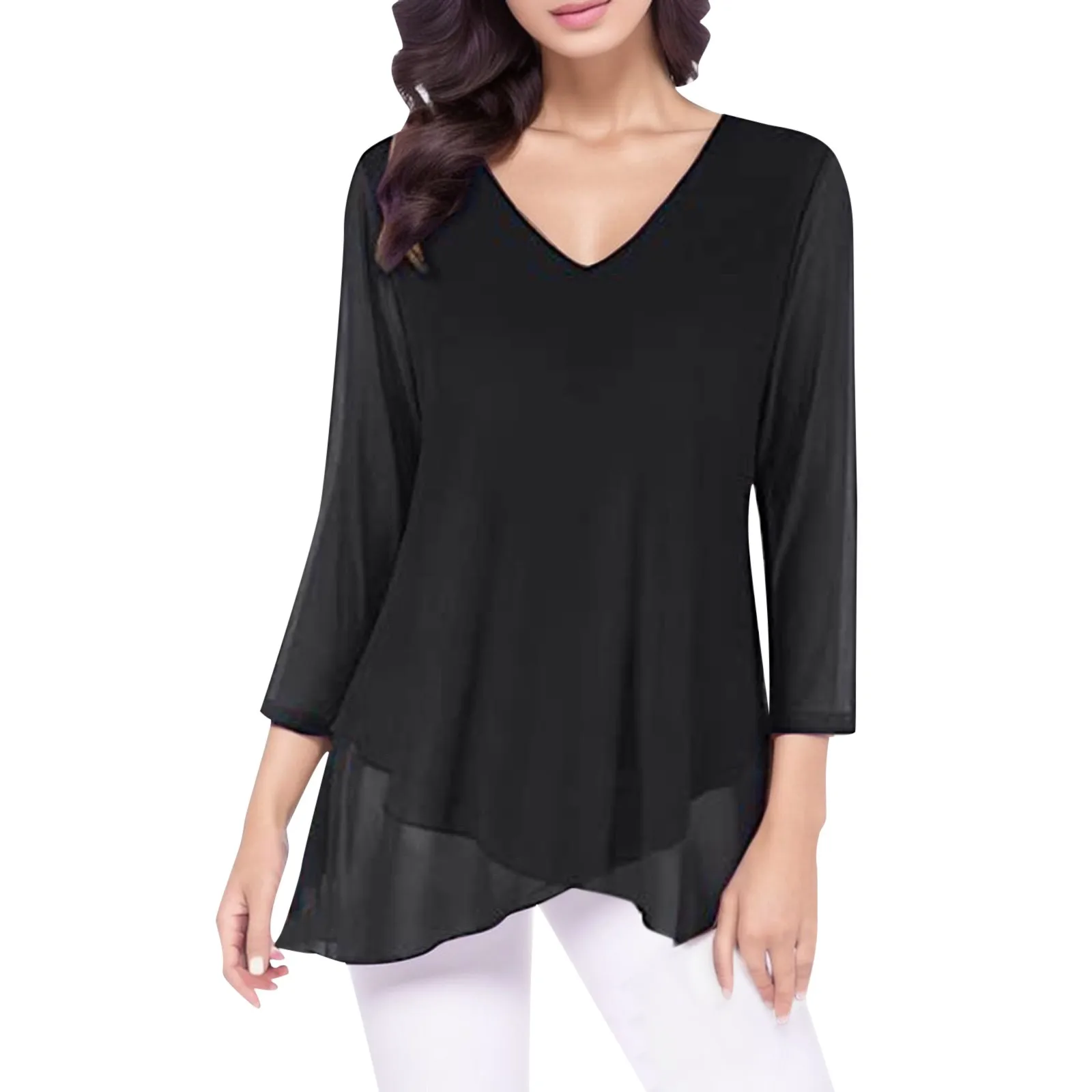 

Solid Color V Neck Shirts For Women Asymmetric Hem 3/4 Sleeve Blouses Basic Lightweight Mesh Comfy Tunic Tops And Blouse Blusas