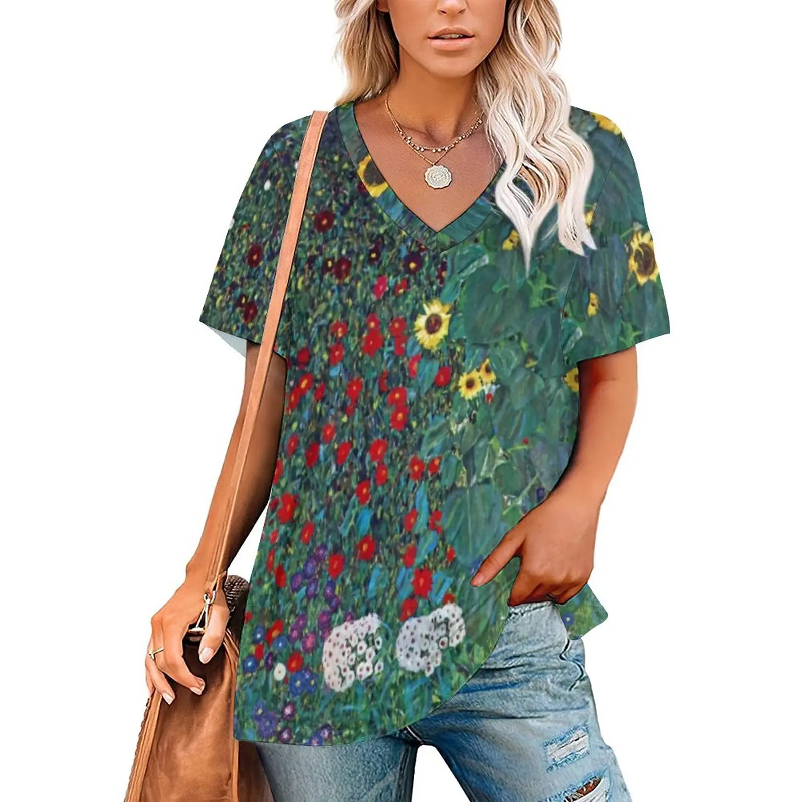 

Farmer Garden W Sunflower T-Shirt Vintage Flowers Aesthetic Oversized T Shirts Sexy V Neck Casual Tees Summer Print Clothing