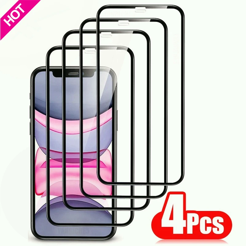 

Защитное стекло с полным покрытием для iPhone 13 12 11 Pro Max, 4 шт., Защита экрана для iPhone 6 7 8 Plus X XR Xs SE 2020 Mini, стекло