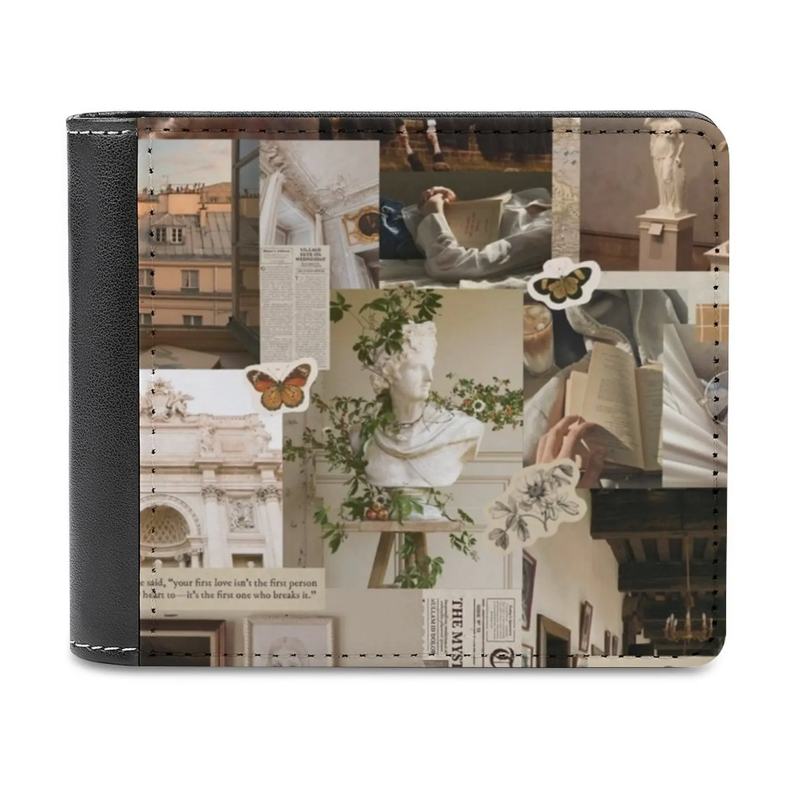 

Light Academia Collage Pattern Leather Men's Wallets Hot Selling New Men's Wallet Trend Card Pack Purse Light Academia Beige