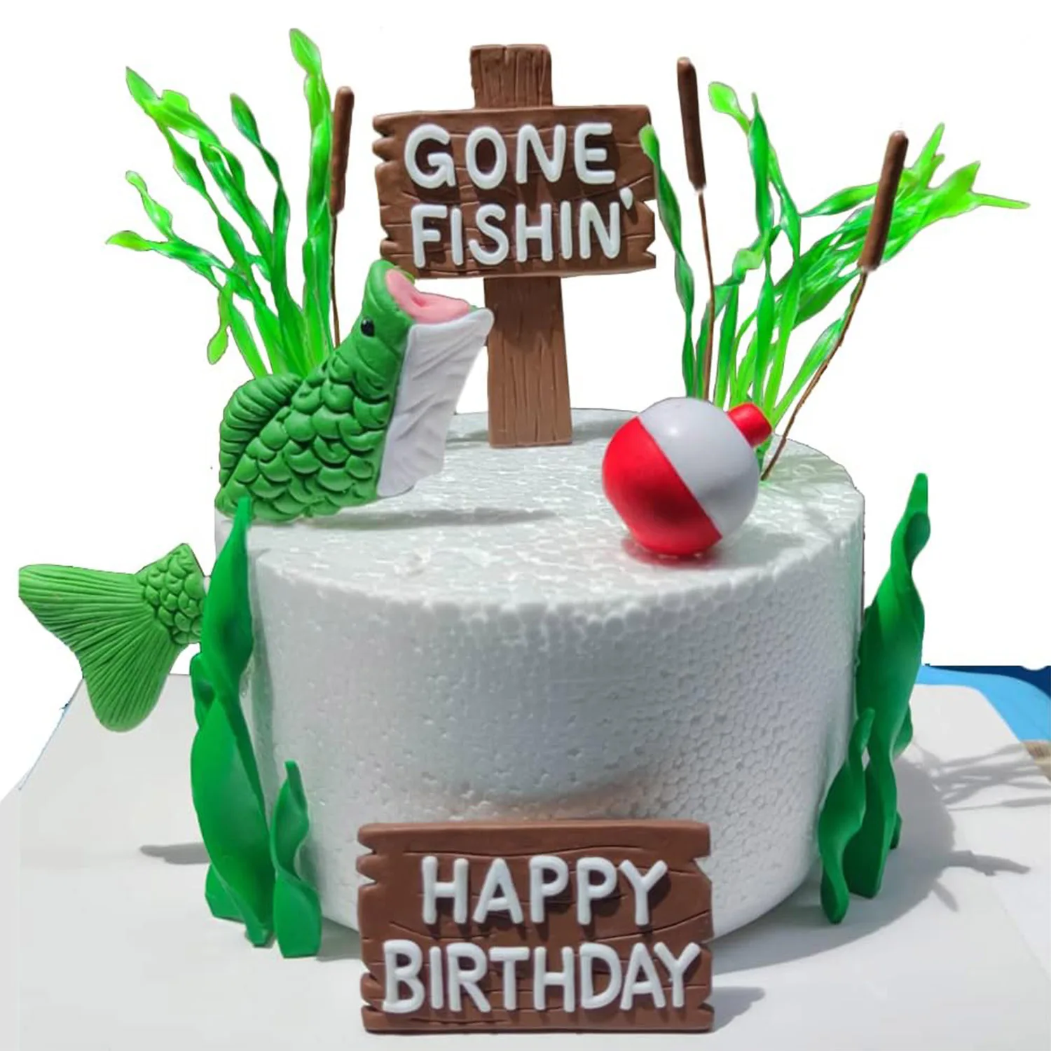 Рыбалка торт Топпер вышел с окуня тростник знак счастливого дня рождения